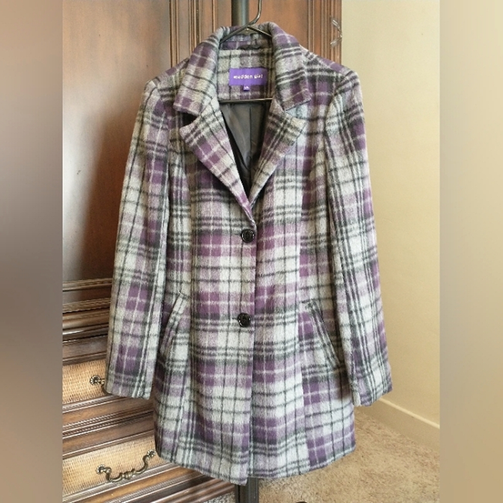Madden Girl Purple and Grey Plaid Pea Coat Jacket
